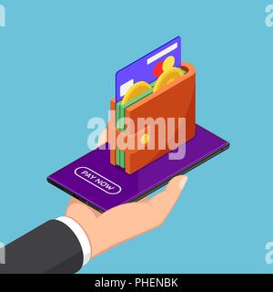 Télévision 3D isométrique businessman hand holding smartphone avec porte-monnaie et la carte de crédit à l'écran. E-Portefeuille et les paiements mobiles concept. Illustration de Vecteur