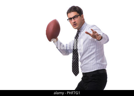 Jeune homme d'affaires avec le football américain isolated on white Banque D'Images