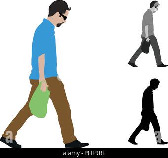 Illustration couleur télévision réaliste d'un homme marchant avec un sac shopping Illustration de Vecteur