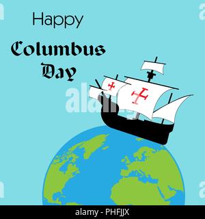 Happy Columbus Day. L'évolution de la calligraphie. Vector illustration sur fond bleu. Grande maison de vacances carte cadeau. caravel sur le globe Illustration de Vecteur