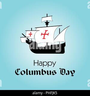 Happy Columbus Day. L'évolution de la calligraphie. Vector illustration sur fond bleu. Grande maison de vacances caravel carte-cadeau. Illustration de Vecteur