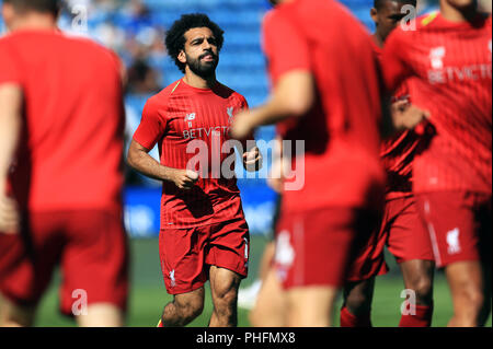 Mohamed Salah de Liverpool se réchauffe avant le premier match de championnat à la King Power Stadium, Leicester. Banque D'Images