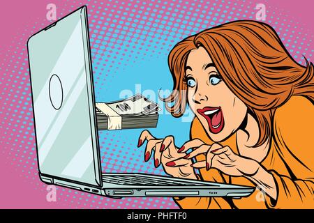 E-revenus concept. Femme à l'ordinateur. Offres de travail. Comic cartoon retro pop art dessin illustration vectorielle Illustration de Vecteur