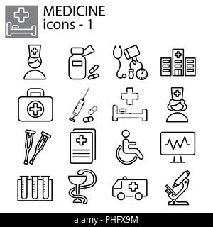 La ligne web définie. Icônes médecine noir sur fond blanc Illustration de Vecteur