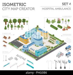 Télévision 3D isométrique complexe clinique et plan de ville comme éléments de construction, hôpital, pharmacie, ambulance, jardin isolé sur blanc. Construire y Illustration de Vecteur