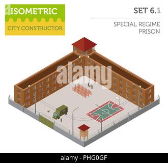 Télévision 3D isométrique régime spécial prison, prison pour plan de ville constructeur isolé sur blanc. Construire votre propre infographie collection. Vector illustration Illustration de Vecteur