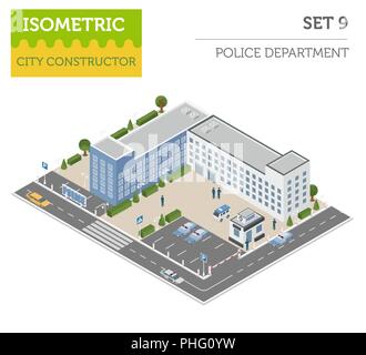 Télévision 3D isométrique de Police et plan de ville éléments constructeur tels que le bâtiment, l'agent de police, voiture, parking isolé sur blanc. Construire votre propre Illustration de Vecteur
