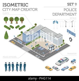 Télévision 3D isométrique de Police et plan de ville éléments constructeur tels que le bâtiment, l'agent de police, voiture, parking isolé sur blanc. Construire votre propre Illustration de Vecteur