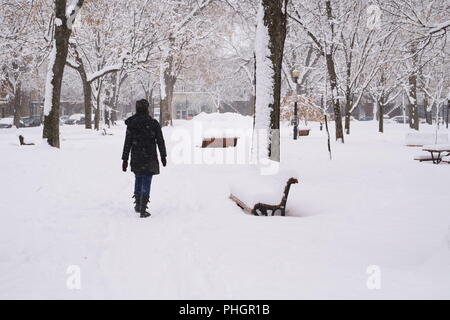 Montréal, Québec / Canada - 1er avril 2018 : dans la ville, une femme marche dans un parc pendant un blizzard. Banque D'Images