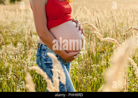 Fille enceinte dans la nature. Séance photo d'une fille enceinte à jint et rouge t-shirt dans un champ au coucher du soleil Banque D'Images