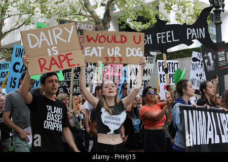 Portland, Oregon, USA. 1er septembre 2018. Pour les militants des droits des animaux mars dans les rues de Portland, Oregon, USA. Crédit : Gina Kelly/Alamy Live News Banque D'Images