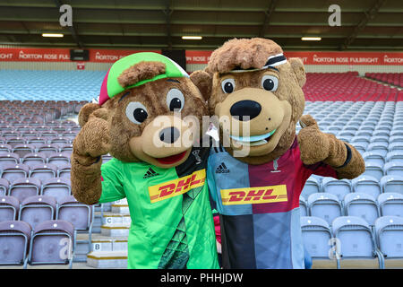 Londres, Royaume-Uni. 1er septembre 2018. Harlequins Mascot pendant Gallagher Premiership match entre Harlequins et Sale Sharks à Twickenham Stoop, le samedi 01 septembre 2018. Londres en Angleterre. Credit : Crédit : Wu G Taka Taka Wu/Alamy Live News Banque D'Images