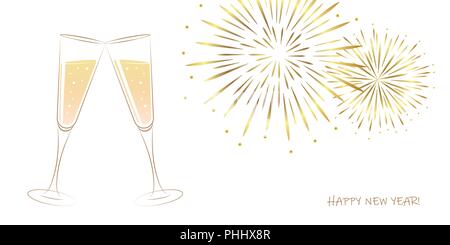 Nouvelle Année golden d'artifice et champagne glasses on a white background vector illustration EPS10 Illustration de Vecteur