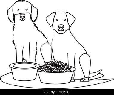 Cute golden retriever et labrador chiens avec bols de nourriture sur fond blanc, vector illustration Illustration de Vecteur