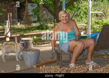 Séance portrait of smiling blonde woman c'est le tri de la récolte de la racine de la pomme de terre cultivés en arrière-cour. Banque D'Images