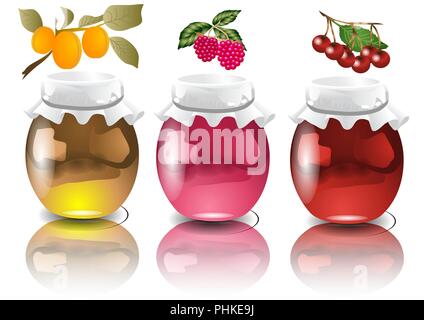 Trois pots de confiture à l'abricot, framboise, confiture de cerise Illustration de Vecteur