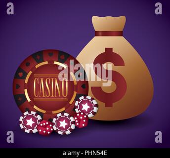 Design de casino avec de l'argent sac et des icônes sur fond violet, design coloré. vector illustration Illustration de Vecteur