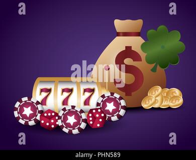 Design de casino avec de l'argent sac et des icônes sur fond violet, design coloré. vector illustration Illustration de Vecteur