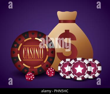 Design de casino avec de l'argent sac et des icônes sur fond violet, design coloré. vector illustration Illustration de Vecteur
