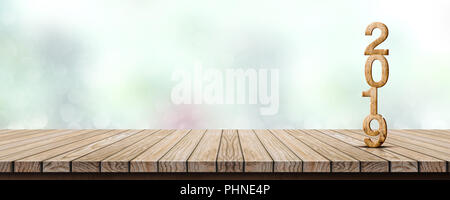 Nouvelle année 2019 Nombre de bois (3d rendering) sur table en bois à blur bokeh abstract green background,des maquettes pour l'affichage de l'espace de bannière ou un montage de la production Banque D'Images