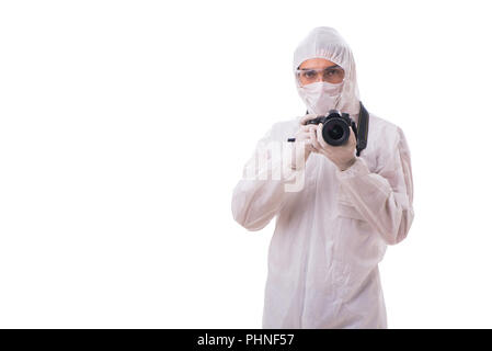 Spécialiste de médecine légale de prendre des photos sur blanc Banque D'Images