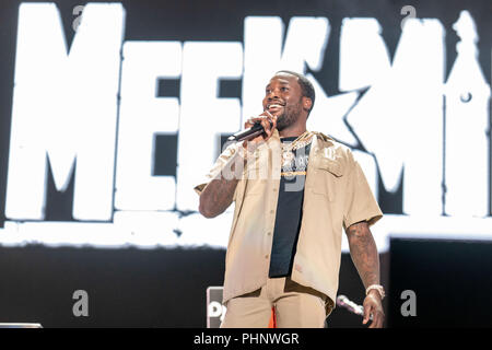 Philadelphie, Pennsylvanie, USA. Du 1er septembre 2018. MEEK MILL (RIHMEEK ROBERT WILLIAMS) au cours de l'Made in America Music Festival à Benjamin Franklin Parkway à Philadelphie, Pennsylvanie Crédit : Daniel DeSlover/ZUMA/Alamy Fil Live News Banque D'Images