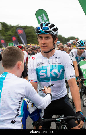 Cycliste professionnel Geraint Thomas (Pays de Galles) de l'équipe SKY l'avant de l'étape 1 du Tour de Bretagne cycliste à partir de Pembrey Country Park. Banque D'Images