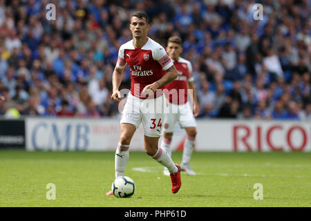 Cardiff, Royaume-Uni. 09Th Nov, 2018. Granit Xhaka d'Arsenal en action. Premier League match, Cardiff City v Arsenal, à la Cardiff City Stadium le dimanche 2 septembre 2018. Ce droit ne peut être utilisé qu'à des fins rédactionnelles. Usage éditorial uniquement, licence requise pour un usage commercial. Aucune utilisation de pari, de jeux ou d'un seul club/ligue/dvd publications. Photos par Andrew Andrew/Verger Verger la photographie de sport/Alamy live news Crédit : Andrew Orchard la photographie de sport/Alamy Live News Banque D'Images