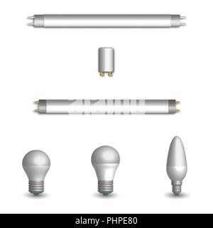 Série de diodes électroluminescentes photoréaliste et ampoules fluorescentes. Éléments pour la conception des composants électriques. Style 3d, scénario mauvais Illustration de Vecteur