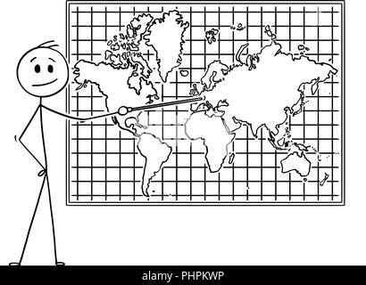 Caricature de l'homme en montrant l'Europe Continent sur la carte du monde murale Illustration de Vecteur