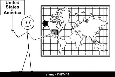 Caricature de Man Holding sign and Pointing at United States of America sur la carte du monde murale Illustration de Vecteur