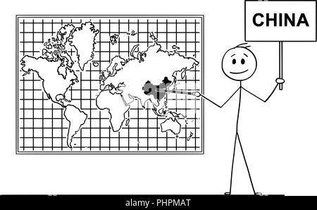 Caricature de l'homme pointant sur République populaire de Chine ou PRC sur la carte du monde murale Illustration de Vecteur