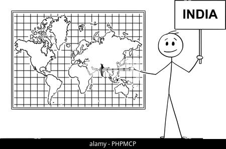 Caricature de l'homme pointant sur République de l'Inde sur la carte du monde murale Illustration de Vecteur