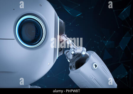 Le rendu 3d intelligence artificielle robot mignon pense ou d'analyse Banque D'Images