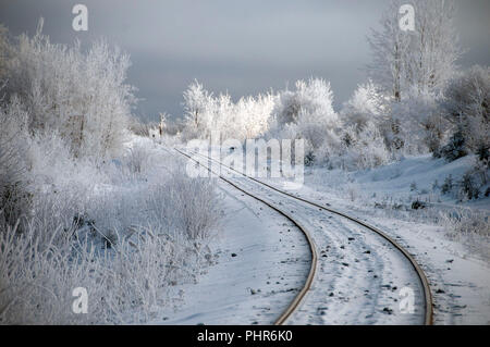 Frosty Winter Scenery montrant voie de chemin de fer. Frosty trees. Ciel gris. Banque D'Images
