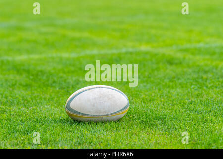 Ballon de rugby à l'herbe verte. Photo prise au match de rugby. Banque D'Images