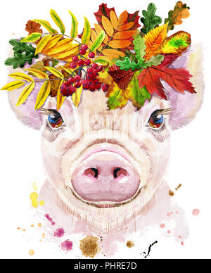 Un beau cochon dans une couronne de feuilles. Des fleurs. Illustration à l'aquarelle avec des touches. Banque D'Images