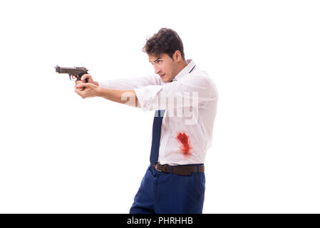 Businessman blessés en fusillade isolated on white Banque D'Images