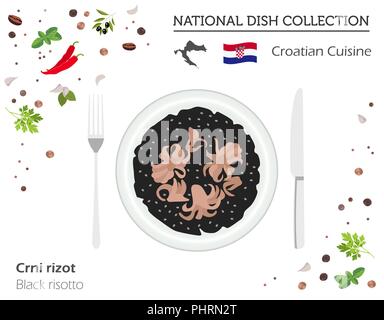 Une cuisine croate. Plat national européen collection. Risotto noir isolé sur blanc, infographie. Vector illustration Illustration de Vecteur