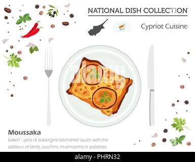 La cuisine chypriote. Plat national européen collection. La Moussaka isolé sur blanc, infographie. Vector illustration Illustration de Vecteur