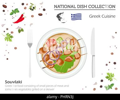 La cuisine grecque. Plat national européen collection. Le Souvlaki isolé sur blanc, infographie. Vector illustration Illustration de Vecteur