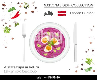 La cuisine de la Lettonie. Plat national européen collection. Soupe froide de betterave letton isolé sur blanc, infographie. Vector illustration Illustration de Vecteur