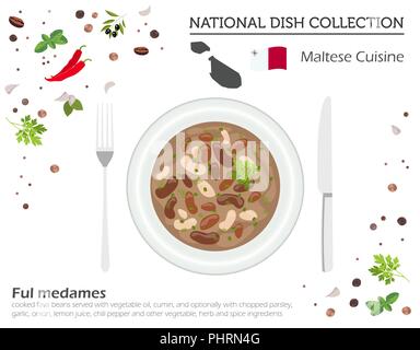 La cuisine de Malte. Plat national européen collection. Maltese fava beans isolated on white, infographie. Vector illustration Illustration de Vecteur