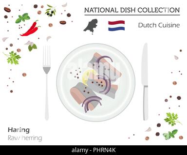 La cuisine néerlandaise. Plat national européen collection. Le hareng cru isolé sur blanc, infographie. Vector illustration Illustration de Vecteur