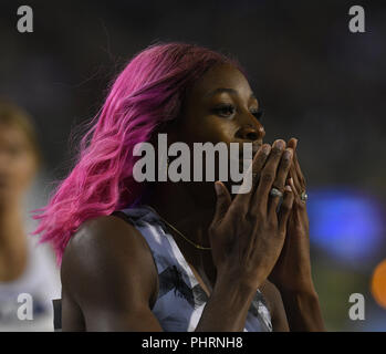 Shaunae célèbre Miller-Uibo à AG Memorial Van Damme Diamond League 2018 au Stade Roi Baudouin Bruxelles Belgique le 31 août 2018. GlennSports. Banque D'Images