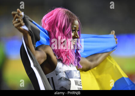 Shaunae célèbre Miller-Uibo à AG Memorial Van Damme Diamond League 2018 au Stade Roi Baudouin Bruxelles Belgique le 31 août 2018. GlennSports. Banque D'Images