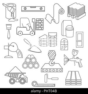 Construction et matériaux de finition icon set. Conception fine ligne isolé sur blanc. Créer votre infographie industrielle collection. Vector illustration Illustration de Vecteur