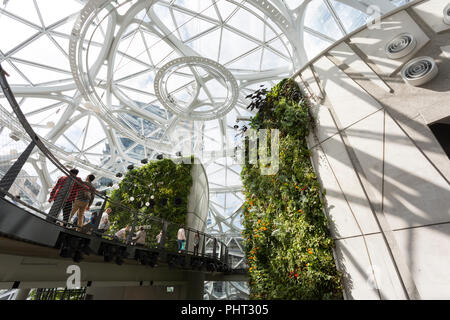 Seattle, Washington : Vue de l'atrium principal et de murs à la sphère sur le campus urbain de l'Amazone. Les structures géodésiques house office space, re Banque D'Images