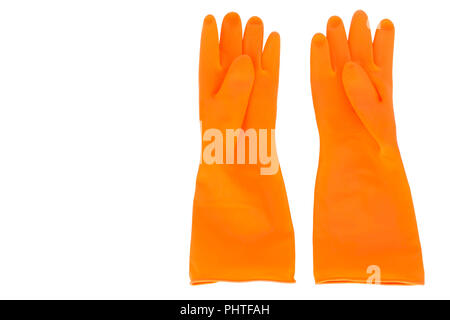 Gants en caoutchouc orange isolé Banque D'Images