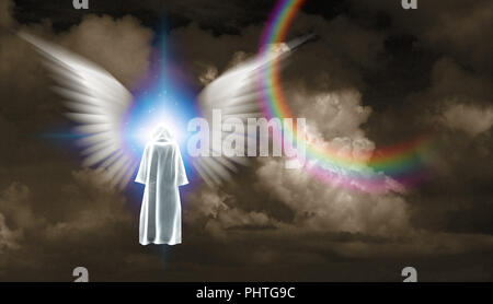 Le surréalisme. La figure en manteau blanc se tient devant lumière blanc avec les ailes d'ange. Banque D'Images